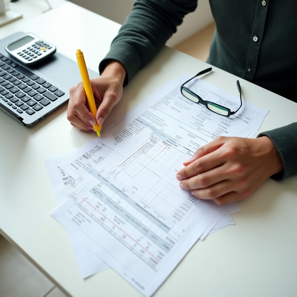 Persona revisando estados de cuenta y calculando estrategia para pagar deudas
