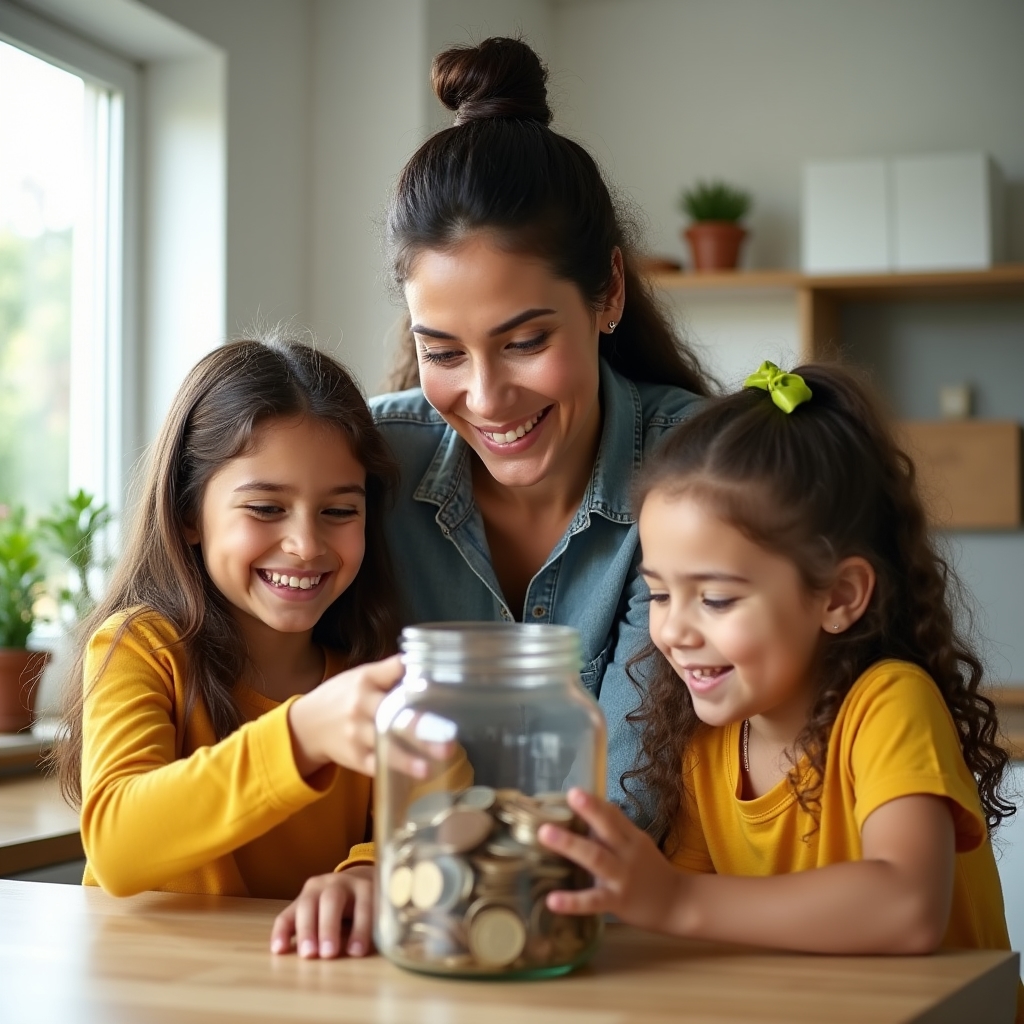 Familia feliz guardando dinero en alcancía como hábito de ahorro familiar