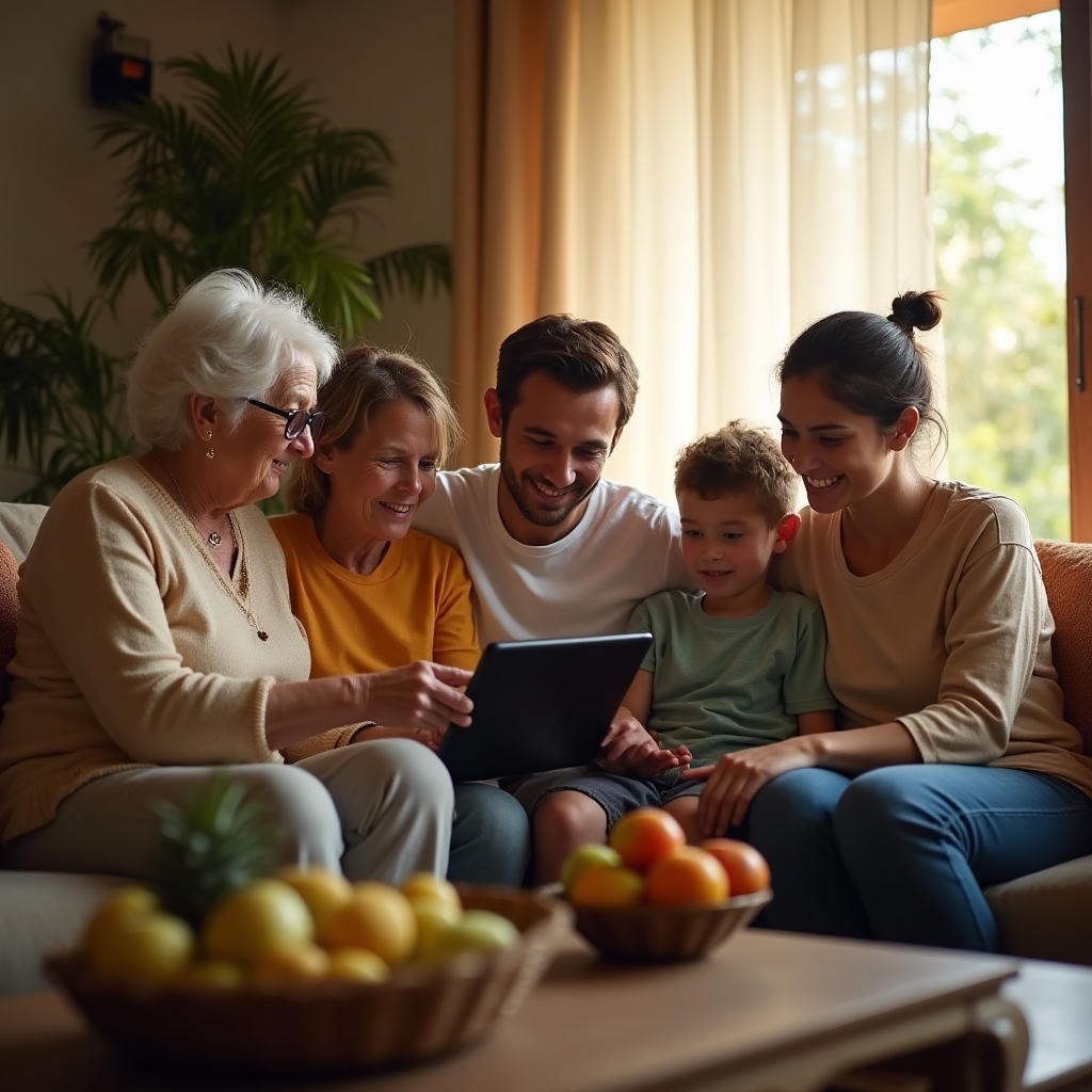 Familia costarricense reunida alrededor de una mesa aprendiendo sobre finanzas personales