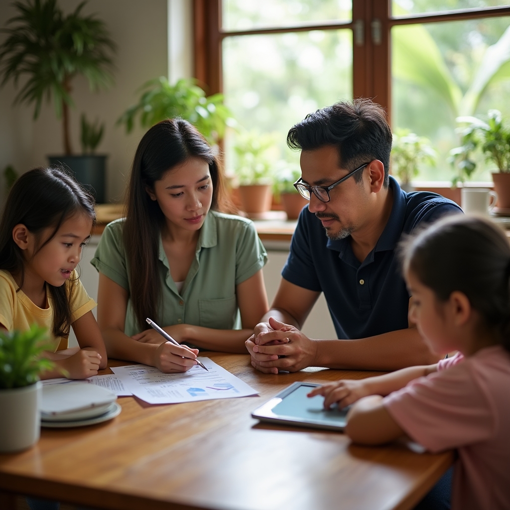 Familia costarricense revisando su presupuesto familiar juntos