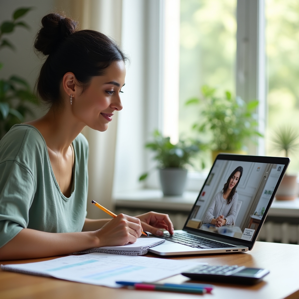 Persona tomando notas mientras aprende sobre finanzas personales en su computadora